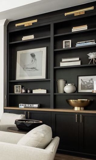 Black Library Wall, Modern Built In Shelves, Black Book Shelves Living Room, Bookcase Office, Modern Built In Bookcase, Office Shelving Decor, Accent Bookshelf Wall, Cb2 Bookcase, Built Ins Basement