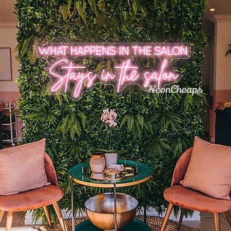 Step into a sanctuary of style and secrets with our "What Happens in the Salon Stays in the Salon" Neon Sign. This isn't just a sign; it's a playful promise that your salon experience is a private affair, filled with fabulous transformations and confidential conversations. The magic of the "What Happens in the Salon Stays in the Salon" Neon Sign lies in its ability to create an atmosphere of trust and relaxation. It's more than just a sign; it's a declaration that your salon is a place where clients can let their hair down and feel truly pampered. Tropical Salon Decor, Emerald Green Salon, Hair Salon Neon Sign, Boho Salon Suite, Hair Salon Signs, Boho Salon Ideas, Trendy Hair Salon, Salon Suite Decor Ideas, Salon Neon Sign