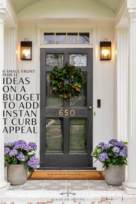 6 ways to add instant curb appeal in a day with these DIY small front porch ideas on a budget with paint, plants, and decor. Spring Front Porch Decor, Front Door Plants, Front Door Planters, Front Porch Flowers, Small Front Porch Ideas, Porch Ideas On A Budget, Porch Plants, Porch Flowers, Porch Planters