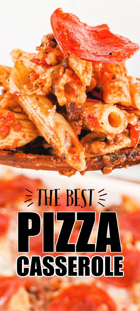 Pizza Casserole is all your favorite ingredients in one dish as you combine penne pasta, pizza flavors, gooey cheese, and top it with pepperoni -- just like a pizza! It's so easy to create this incredible, simple meal. #pizzacasserole #casserole #easycasserole #pepperoni #pizzapasta #easyrecipe #quickdinner #kidsloveit Best Pizza Casserole, Pepperoni Pasta Bake, Pizza Pasta Casserole Recipe, Easy Pizza Casserole, Pizza Pasta Casserole, Pizza Casserole Recipe, Baked Penne Pasta, Pizza Pasta Bake, Pepperoni Recipes