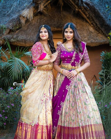 Half Sari Designs, Kanjeevaram Half Saree, South Indian Lehenga Half Saree Bridal, Langa Oni Designs, Traditional Half Saree, Saree Ceremony, Indian Dresses For Kids, Lehenga Saree Design, Simple Lehenga