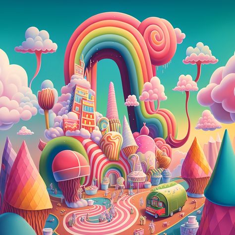 Candy World Drawing, Ice Cream World, Candy World, Town Drawing, World Drawing, Magical Girl Aesthetic, Candy Art, Cartoon World, Pretty Wallpapers Backgrounds