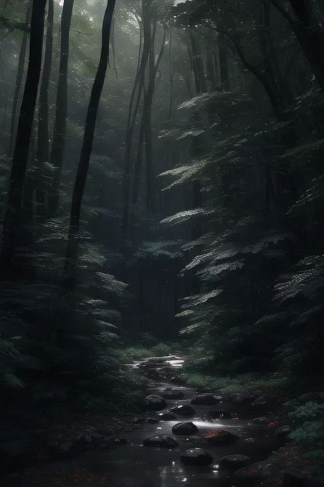 The image is a dark and moody forest. The trees are tall and the branches are thick, creating a dense canopy that blocks out the sun. The ground is covered in a thick layer of leaves and moss. A small stream runs through the middle of the forest, and the sound of the water is the only thing that can be heard. The forest is full of mystery and danger, and it is easy to imagine that there are all sorts of creatures lurking in the shadows. Anime Mysterious, Dark Trees, Moody Forest, Dark Mysterious, Dense Forest, Dark Tree, Moody Art, Dark And Moody, Tall Trees