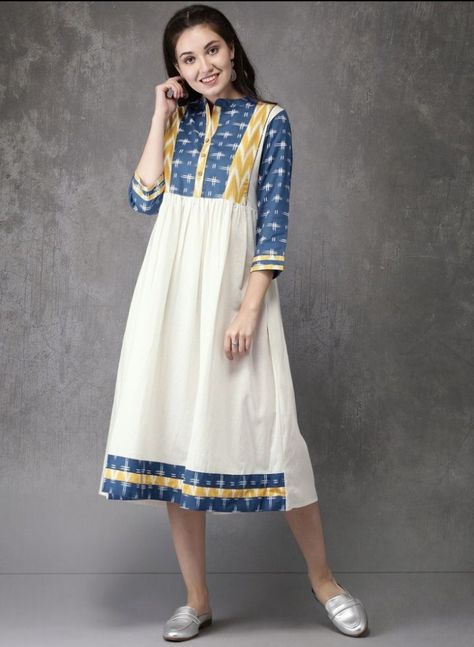 Ikat kurti with plain khadi fabric it's beautiful casual wear Salwar Models, Ikat Kurti, Khadi Fabric, Designer Kurtis Online, Kurti Top, Ikkat Dresses, Designer Kurta, Ikat Dress, Anarkali Kurti