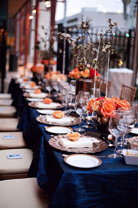 Navy Blue Table Cloth Wedding, Blue Orange Weddings, Coral Table, Navy Table, Kings Table, Fall Color Schemes, Enchanted Florist, Wedding Table Flowers, Wedding Colors Blue