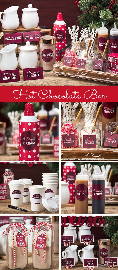 Customize a festive hot chocolate bar that everyone will love! Create tags, tent cards, labels, and more. Check out Avery.com for free templates and more ideas. Hot Chocolate Bar Party, Christmas Hot Chocolate Bar, Hot Chocolate Party, Cocoa Party, Hot Chocolate Bar, Christmas Hot Chocolate, Chocolate Party, Hot Cocoa Bar, Chocolate Caliente