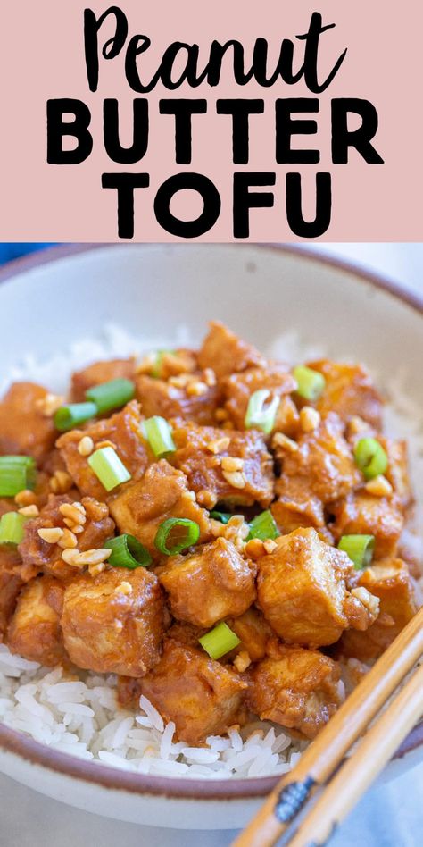 This Peanut Butter Tofu recipe is easy to make and has so much flavor! It's made with extra firm tofu and a delicious homemade peanut sauce. This peanut butter tofu is perfect for a quick and easy vegan dinner that the whole family will love! #tofurecipe #peanutbutter #peanutsauce #vegan #easydinner Baked Peanut Tofu, Tofu In Peanut Sauce, Peanut Tofu Marinade, How To Cook Firm Tofu Recipes, Peanut Butter Tofu Curry, Peanut Butter Tofu Recipes, Tofu Recipes Peanut Sauce, Tofu Peanut Sauce Stir Fry, Vegan Tofu Sauce Recipes