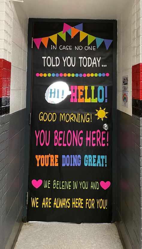 Classroom door design Employee Door Decorations, Fun Door Decorations, School Counselor Cricut Ideas, Inspirational Classroom Doors, Yay Youre Here Classroom Door, Motivational Classroom Doors, High School Door Decor, Principal Office Door Decorating Ideas, Neon Classroom Door Ideas