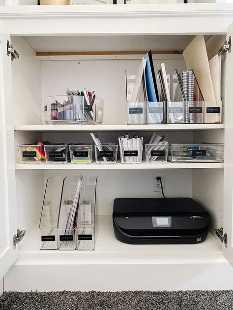 Home Pharmacy Organization Ideas, Home Office Storage Cabinets Organization Ideas, Office Organization Closet, Organize Office Cabinet, Office Material Organization, Organization Office Supplies, Home Office Supply Storage, Home Office Cabinet Organization, Mini Office Organization