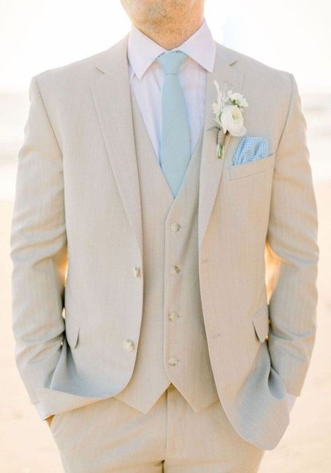 Wedding Suits Groom Beach, White And Light Blue Tuxedo, Cream And Blue Wedding Suits, Gray Suit Champagne Tie, Pale Blue Groomsmen Suits, Cream And Blue Suits For Men, Suits For Spring Wedding, Groom Attire Light Blue, Light Blue And Khaki Wedding