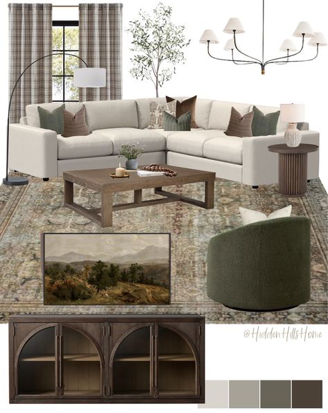 Shop Urban 3-Piece L-Shaped Sectional … and other curated products on LTK, the easiest way to shop everything from your favorite creators. Family Room With Beige Sectional, Cream U Shape Sofa, Lounge Room Mood Board, Brown Green Cream Living Room, Modern Green Living Room Ideas, Living Room Green Brown, Living Room Board Inspiration, Neutral Living Room Green Accents, Modern Farmhouse Living Room Mood Board