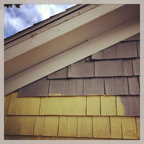 Painted Shingle Siding, Wood Shingle House, Wood Shingles On Front Of House, Shake Shingle Siding Color Schemes, Painted Shingle House, Painted Shake Siding, Painted Cedar Shingles, Painting Cedar Shake Siding, Painting Cedar Siding