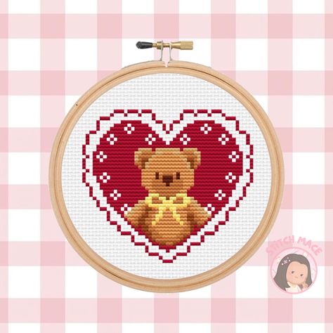 Love you Beary much! PDF Pattern - Instant Digital Download: ✿ PDF Includes ✿:  - Color Symbol Chart - Black & White Symbol Chart - DMC Thread Chart ✿ PDF Details ✿: - Beginner friendly :)  - Full Stitches only  - 9 colors - Stitch size: 49 x 44 - 14 ct aida - 3.5 in wide X 3.14 in high - 16 ct aida - 3.06 in wide X 2.75 in high - Don't forget to include extra fabric for ample spacing around stitches ✿ Follow me on Instagram to stay up-to-date on new pattern releases @stitch.mace ✿ If you have a Cross Stitch Back Stitch, Cross Stitch Kawaii Pattern, Cross Stitch For Boyfriend, Pixel Cross Stitch Patterns, Snoopy Cross Stitch Pattern, Mini Cross Stitch Patterns Free, Kawaii Cross Stitch Pattern, Cute Cross Stitch Patterns, Small Cross Stitch Patterns