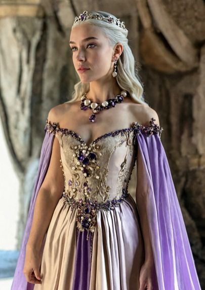 Acotar Dress Ideas, Purple Royal Dress, Fantasy Dress Queens, Targaryen Clothes, Targaryen Fashion, Targaryen Dress, Game Of Thrones Outfits, Queen Dresses, Fairytale Fashion