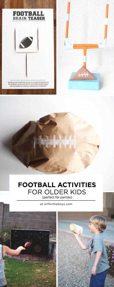 Football activities for older kids - perfect for a gameday football party! Football Party Activities For Kids, Football Activities For Kids, Third Grade Stem Activities, Football Party Activities, Gifts To Make For Kids, Patriot Day Crafts For Kids, Football Games For Kids, Activities For Older Kids, Football Activities