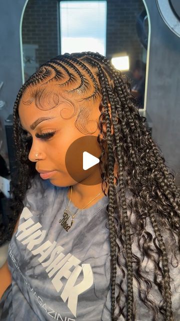 Stitch And Knotless Braids, Cornrows Braids Side Part, Faloni Braid, Braids With Widows Peak, Cornrow Boho Knotless Braids, Boho Knotless Braids With Cornrows, Stitch Braids With Knotless In Back, Half Scalp Braids Half Knotless Braids, Braids To The Side With Knotless