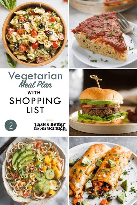 A 5 day Vegetarian Meal Plan with easy and healthy vegetarian dinner options and a free grocery shopping list; perfect for cooking on a budget. #mealplan #vegtarian #onabudget #tastesbetterfromscratch via @betrfromscratch Vegetarian Weekly Meal Plan, Veggie Meal Plan, Vegetarian Shopping List, Healthy Vegetarian Meal Plan, Delicious Vegetarian Dinner, Tastes Better From Scratch, Meatless Meal, Grocery Shopping List, Healthy Vegetarian Dinner