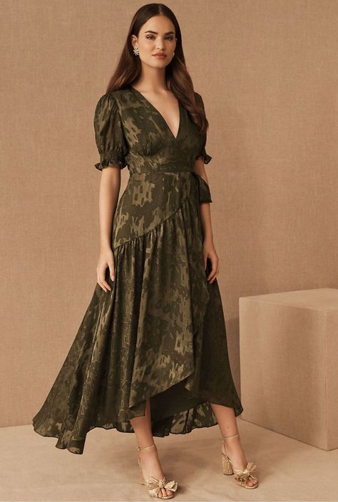 Fall Bridesmaids Dresses from BHLDN are here to give you the perfect colors on wedding day. Plus, they make great wedding guest dresses too! Emerald green, navy, gold and deep ruby, there's a stunning dress for every one of your girls! #gws #greenweddingshoes #bhldn #bridesmaids #dresses Bhldn Bridesmaid Dresses, Bhldn Bridesmaid, Fall Bridesmaids, Fall Bridesmaid Dresses, Ruffle Wrap Dress, Anthropologie Wedding, Olive Green Dresses, Wedding Dresses Romantic, Play Dress