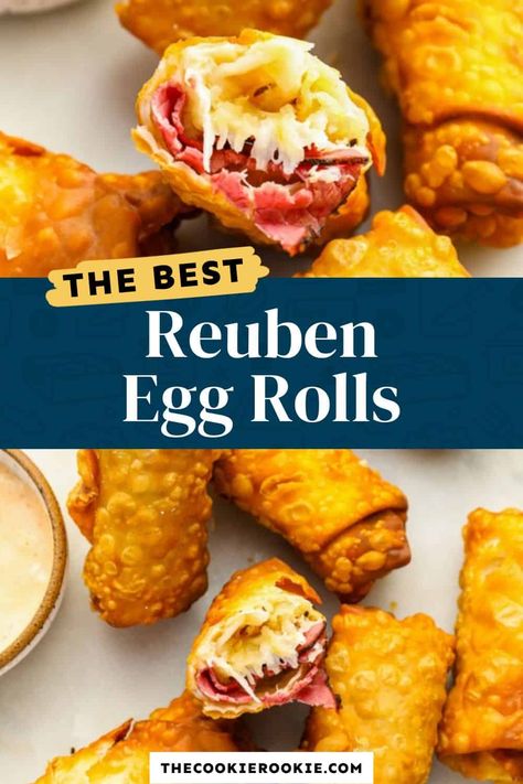 Hot and crispy Reuben Egg Rolls with corned beef, Swiss cheese, sauerkraut, and Russian Dressing fit perfectly into any game day appetizer lineup. Air Fryer Reuben Egg Rolls, Rueben Eggrolls Airfryer, Savory Reuben Egg Rolls, Baked Reuben Egg Rolls, Reuben Egg Rolls Recipe, Corned Beef And Cabbage Egg Rolls, Reuben Appetizer Parties Food, Reuben Egg Rolls Air Fryer, Corned Beef Egg Rolls Recipes