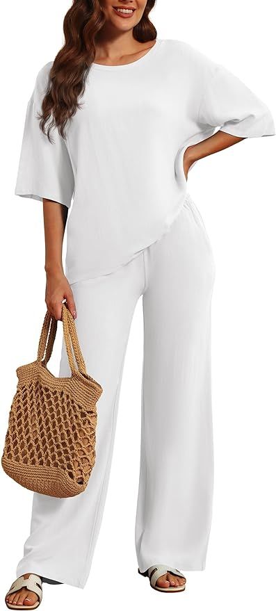 Amazon.com: Cagog Linen 2 Piece Set for Women Loose Fit 3 4 Sleeves Wide Leg Pants Matching White Lounge Sets 2 Piece Outfits Loungewear Sweatsuit S : Clothing, Shoes & Jewelry Two Piece Loungewear, White Lounge, Mariana Islands, Two Piece Outfits, Linen Set, Comfy Fashion, Lounge Set, Lounge Sets, White Outfits