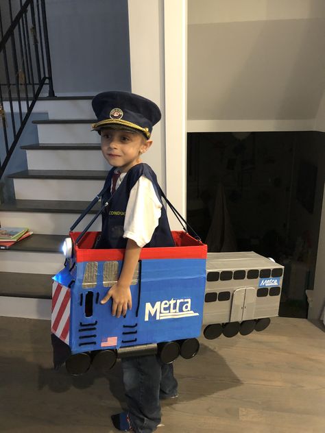 Metra train diy Halloween costume Train Halloween Costume, Train Diy, Chicago Train, Titanic Costume, Train Costume, Diy Karton, Diy Halloween Costume, Toddler Halloween Costumes, Toddler Halloween