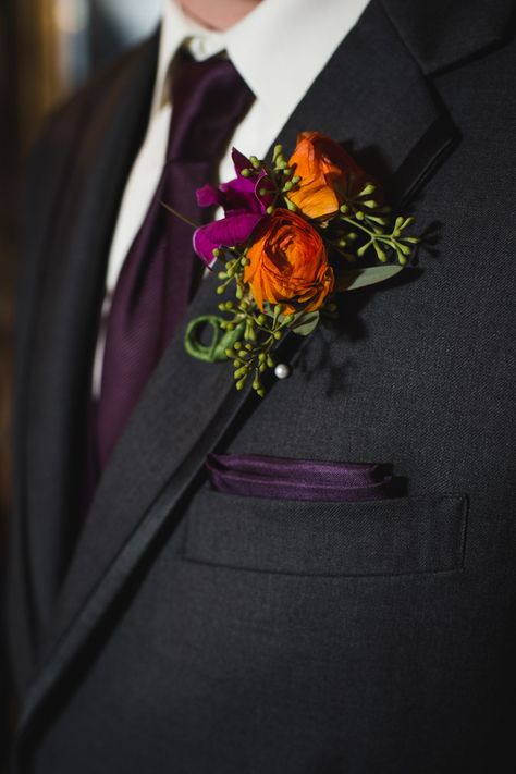 Fall Groomsmen, White Tuxedo Wedding, Candle Lit Wedding, Flower Boutonniere, Plum Wedding, Boutonniere Wedding, Orange Wedding, Fall Wedding Colors, Maggie Sottero