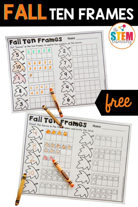 These fun Fall ten frame printables are great way to build number recognition and counting skills with preschoolers and kindergarteners. Add them to your lesson plans and math centers! #earlyelementary #prek #kindergarten Kindergarten Fall Center Ideas, Math Stations Kindergarten Free, Fall Math Stations Kindergarten, Math Tubs Kindergarten Free, Counting Math Centers Kindergarten, October Math Centers Kindergarten, October Kindergarten Centers, October Centers Kindergarten, November Kindergarten Centers