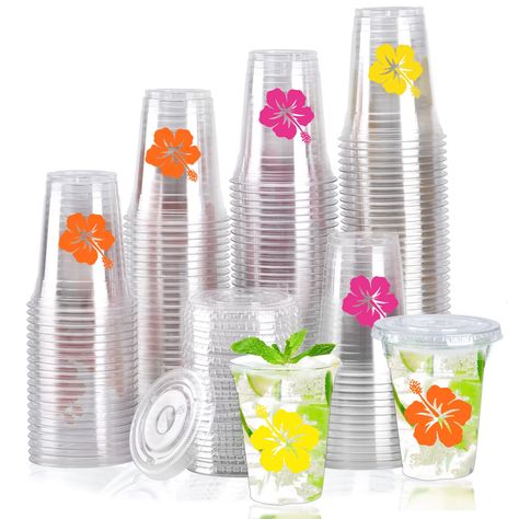 PRICES MAY VARY. What you get:150 pack of Hawaii hibiscus plastic cups in 3 patterns, 50 pack for each pattern, with 150 lids, plenty of drinkware for all your guests, add more glam and fun for your party Size information: with a 12 oz capacity, these cups are suitable for serving up your favorite drinks at summer beach Hawaii themed parties and events Easy to clean: don't worry about washing dishes with these disposable clear cups, making them a convenient option for busy hosts and hostesses Ma Adult Luau Party, Luau Graduation, Hawaii Themed Party, Hawaii Hibiscus, Hawaiian Party Theme, Luau Party Supplies, Luau Party Decorations, Tropical Party Decorations, Plastic Party Cups