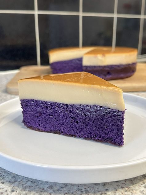 Ube Leche<br>Flan Cake Ube Desserts Filipino Food, Ube Cheesecake Bars, Gluten Free Ube Cake, Ube Flan Cake, Ube Tres Leches Cake Recipe, Ube Tiramisu Recipes, Moist Ube Cake Recipe, Ube Tres Leches Cake, Ube Desserts Recipes