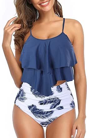 Adisputent Womens High Waisted Bathing Suits Flounce Halter Bikini Bottoms Tummy Control Modest Swimwear Two Piece Swimsuits Swimwear Two Piece, High Waisted Bathing Suits, Swimwear High Waisted, Ruffle Tank Top, Womens Tankini, Modest Swimwear, Ruffle Swimsuit, Tankini Set, Tankini Swimsuits