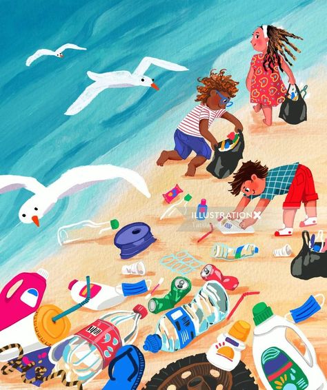 Children cleaning the beach from plastic waste Plastic Waste Illustration, Plastic Pollution Illustration, Waste Illustration, Plastic Illustration, Beach Pollution, Beach Cleaning, Earth Day Drawing, Beach Cartoon, Sea Drawing