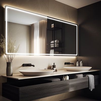 Transform your bathroom into a haven of modern elegance with this LED Rectangle Mirror. With a sleek design and innovative features, this mirror is the perfect addition to elevate your daily grooming routine. It effortlessly combines functionality and aesthetics to create a truly remarkable mirror. Size: 27" x 48", Shape: Rectangle | Wrought Studio™ Dibbrun Frameless Lighted Bathroom Mirror | 27 H x 48 W x 1.4 D in | Wayfair | Home Decor Mirror Design In Bathroom, Bathroom Lit Mirror, Led Mirror Bathroom Modern, Mirrors With Led Lights, Led Light Mirror Bathroom, Lighted Mirrors For Bathrooms, Double Vanity Lighting, Dining Room Mirror Wall, Bathroom Mirror With Lights