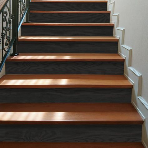 PRICES MAY VARY. Size: 7.87"x118", 2 strips. Can decorate 6 stair steps (39.37inch in length), can cover 12.91 sq.ft when use to furniture decoration. Not thick vinyl, but perfect for hiding defects since it made of black backing PVC. Just peel and stick. They are not boards but stickers. Can be freely cut and DIY according to needs. Use on stairs steps, headboard, wall, smooth tiles, glass, metal, smooth wood, etc. Faux weathered wood sticker with embossed wood grain texture. Only suitable for Painted Wood Stairs, Black Painted Stairs, Vinyl Stair Risers, Wood Contact Paper, Staircase Decals, Stair Railing Makeover, Diy Stairs Makeover, Stair Cases, Vinyl Stairs