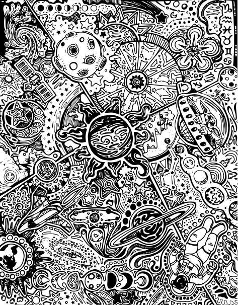 Space themed line art created by hand and vectorized in Adobe Illustrator. This downloadable file is a high-quality pdf that can be printed in any size, large or small, without losing quality or becoming pixelated. Perfect for posters or even to be colored! Dream Doodle Art, Space Drawings Color, Space Line Drawing, Doodle Art Space, Space Doodle Art, Space Zentangle, Space Line Art, Space Themed Outfits, Space Themed Art