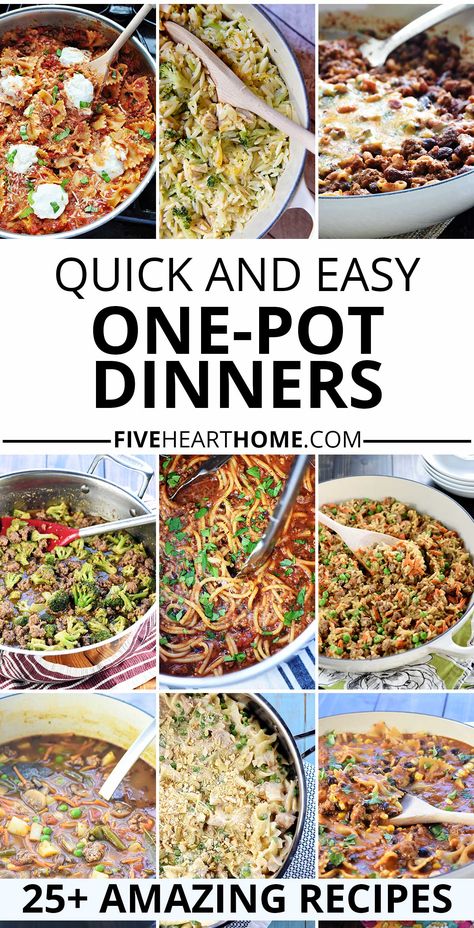 Quick and Easy One Pot Meals collage showing a variety of one pot dinners. One Pot Quick Meals Easy Dinners, Easy Weeknight Dinners With Rice, Cheap One Pot Dinners, Fast One Pot Meals, One Pot Dinners Easy Healthy, Simple One Pot Meals Easy Dinners, One Pit Meals, One Pot Quick Meals, Quick And Easy One Pot Dinner Recipes