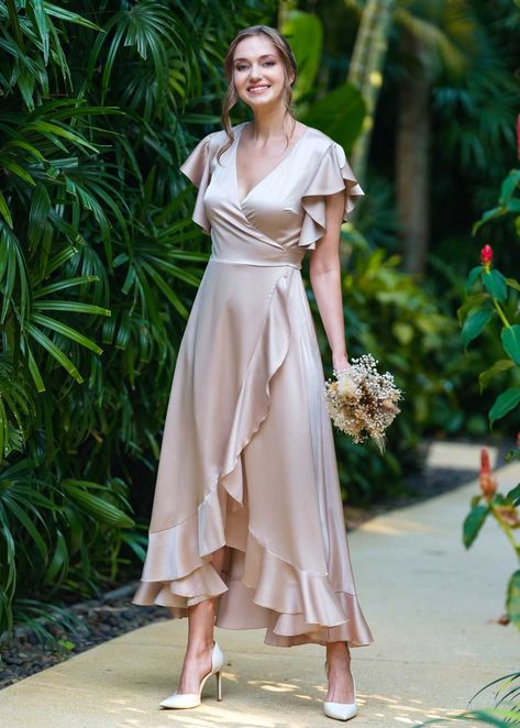 Champagne beige wrap dress, silk dress, wrap dress, bridesmaid dress, wedding guest dress, women dress, maxi dress, evening dress, long dress A Line Wrap Dress, Wrap Silk Dress, Inspirasi Dress Bridesmaid, Golden Dress Outfit, Dress Perpisahan, Silk Dress Bridesmaid, Formal Wrap Dress, Bridesmaid Dress Plus Size, Flowy Wrap Dress