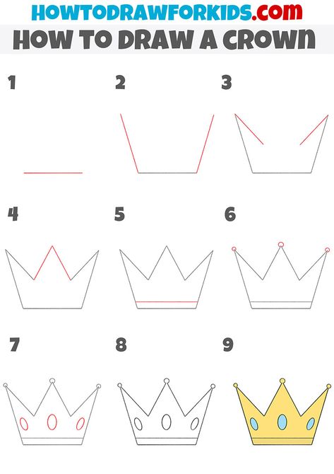 How to Draw a Crown - Easy Drawing Tutorial For Kids How To Draw A Kings Crown, Draw Crown Easy, Crown Step By Step Drawing, Crown Drawing Tutorial, Easy Crown Drawing Step By Step, How To Draw A Crown Step By Step, How To Draw A Crown, Crown Drawing Simple, Crown Drawing Easy