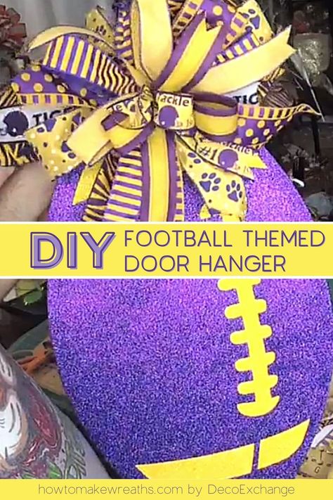 Ready to learn how to make a football themed door hanger? Watch this video to see a quick and easy DIY door hanger for football season! How To Make Bows For Door Hangers, Football Diy Crafts, Dollar Tree Football Wreath Form Diy, Fall Football Crafts, Football Wreath Diy, Louisiana Decor, Football Wreaths, Sports Wreath, Wreath Making Tutorials