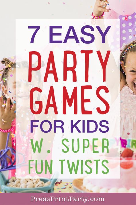 7 EASY PARTY GAMES FOR KIDS with fun twists. Learn some fun ways to play these classic birthday party games. Mostly no prep games to be played indoors or outdoors. Simple and fun games for all ages that are quick to prep. Perfect Ideas for a crowd of children. DIY twists on sack races, egg in the spoon race, wheelbarrow races, pin the tail on the donkey and some you may not know yet. Great for kids, tweens or teens. #party #birthday #games by Press Print Party! Easy Party Games For Kids, Classic Birthday Party, Easy Birthday Party Games, Indoor Party Games, Easy Party Games, Birthday Games For Kids, Indoor Birthday Parties, Games For All Ages