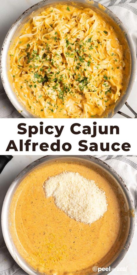 This creamy sauce is made with rich heavy cream, Parmesan cheese, and Cajun seasoning for a flavorful twist on a classic Alfredo sauce. Perfect for making Cajun chicken pasta with sausage or without. Or make a spicy shrimp alfredo. This cream based pasta sauce is made without flour and ready in 15 minutes. Perfect for busy weeknight dinners. Cajun Pasta Recipes Shrimp And Sausage, Cream Cheese Cajun Pasta, Pasta Recipes Using Heavy Cream, Homemade Alfredo Sauce No Heavy Cream, Homemade Cajun Pasta Sauce, Alfredo Cream Sauce, Sausage Pasta Sauce Recipes, Homemade Shrimp Alfredo Sauce, Creamy Cajun Alfredo Pasta