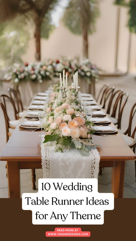 A beautifully decorated wedding table featuring an elegant lace runner, surrounded by floral arrangements and rustic decor elements.