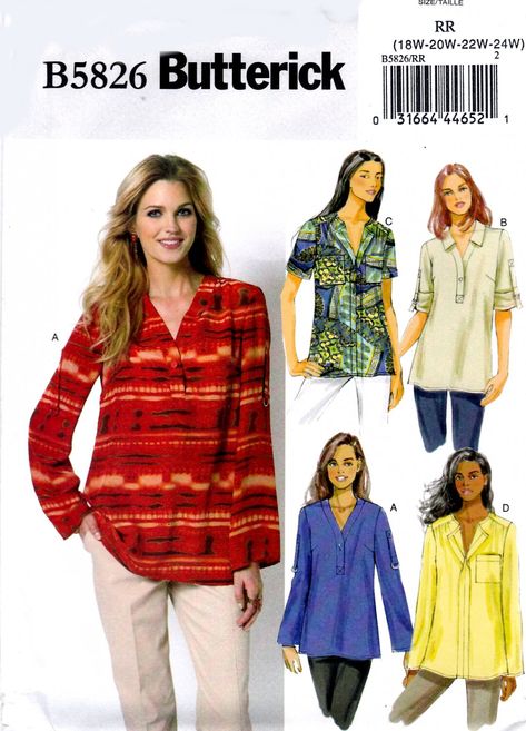 Butterick+B5826+Womens+Pullover+Tops+Varying+Sleeve+Lengths+Sewing+Pattern+Sizes+18W-20W-22W-24W Tunic Sewing Patterns, Patron Vintage, Sewing Tops, Plus Size Sewing, Trendy Sewing, Butterick Pattern, Butterick Sewing Pattern, Sewing Pattern Sizes, Tunic Styles