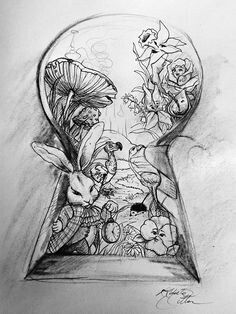 Alice in wonderland key hole tattoo idea Gatto Del Cheshire, Alice In Wonderland Flowers, Hipster Drawings, Alice In Wonderland Drawings, Kunst Tattoos, Wonderland Tattoo, Siluete Umane, Cool Pencil Drawings, Desenho Tattoo