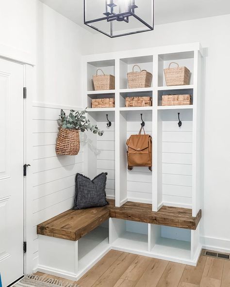 Entryway Bench With Shoe Storage, Entryway Bench With Storage, White Shelving Unit, Small Mudroom Ideas, Wall Mudroom, Farmhouse Shiplap, Mudroom Remodel, Warm Wood Flooring, Mudroom Makeover