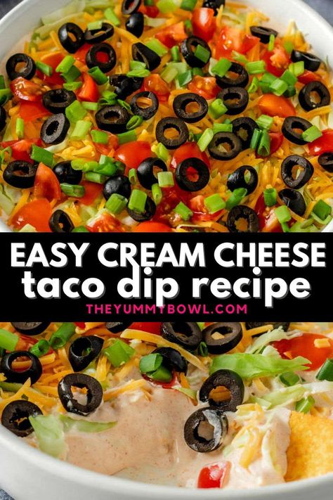 Looking for a quick and easy party appetizer that will impress your guests? Try this simple yet delicious taco dip recipe. Made with just a few key ingredients, including cream cheese, sour cream, and a perfect blend of taco seasoning, this dip is sure to become a hit. Keto Taco Dip With Cream Cheese, Taco Dip With Cream Cheese And Hormel Chili, Taco Cream Cheese Dip, Cream Cheese Taco Dip Cold, Snacks For Card Party, Hot Taco Dip With Cream Cheese, Cold Taco Dip With Cream Cheese, Cream Cheese Appetizers Easy, Taco Dip With Cream Cheese And Beef