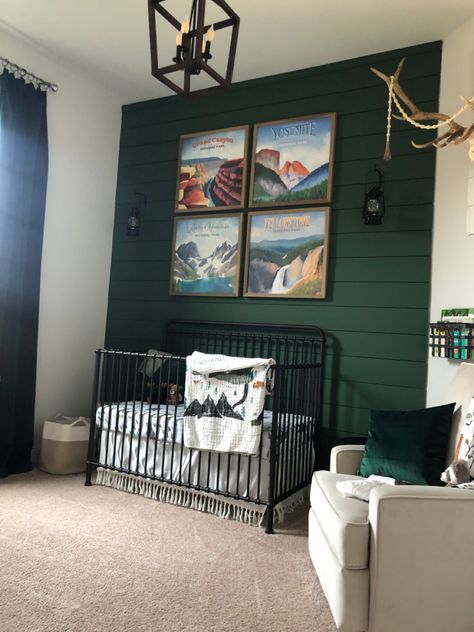 Dark green shiplap wall, National
Park nursery. Metal Crib Lodge Themed Nursery, Redwood Themed Nursery, Yosemite Nursery, River Theme Nursery, Maine Themed Nursery, Rustic Modern Nursery, Cabin Theme Nursery, National Forest Nursery, Boys Bedroom Outdoor Theme