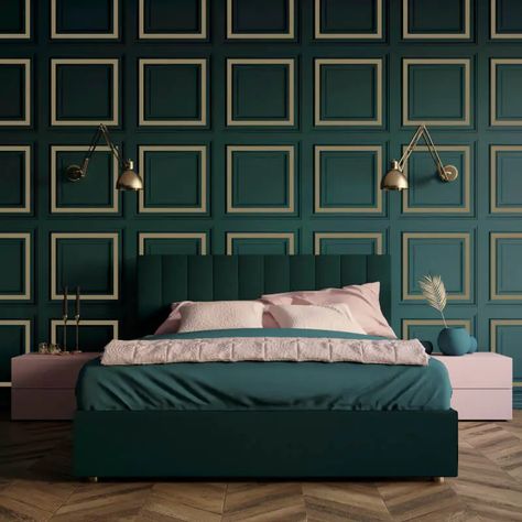 Paneled Wallpaper, Emerald Green Rooms, Emerald Green Bedroom, Emerald Bedroom, Emerald Green Wallpaper, Emerald Green Bedrooms, Green Bedroom Walls, Cottagecore Living, Green Accent Walls