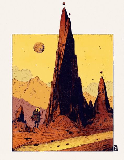 World Building Illustration, Sci Fi Concept Art Landscape, Sci Fi Illustration, Environmental Concept Art, Moebius Art, Sci Fi Landscape, Graphisches Design, Desert Art, Scene Design