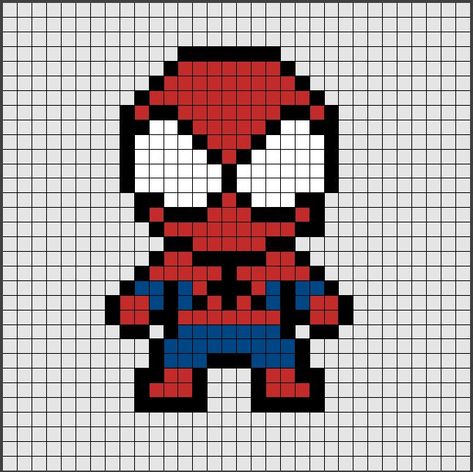 Spiderman Beads Pattern, Pyssla Ideas Spiderman, Pixel Art Characters Easy, Spiderman Grid Pattern, Pixel Art Pattern Spiderman, Spiderman Grid, Pixel Art Cartoon Characters, Easy Pixel Art Disney, Simple Pixel Art Patterns Small