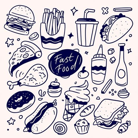 Fast Food Doodles, Fast Food Logo Ideas, Foodie Doodle, Food Doodle Art, Fast Food Drawing, Graffiti Food, Doodles Food, Fast Food Illustration, Foodie Illustration